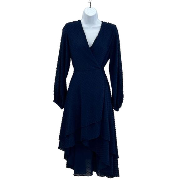 Maison de papillon Women's M Navy Blue Swiss Dot Hi-Low Dress Long Sleeve V-Neck - Picture 5 of 7